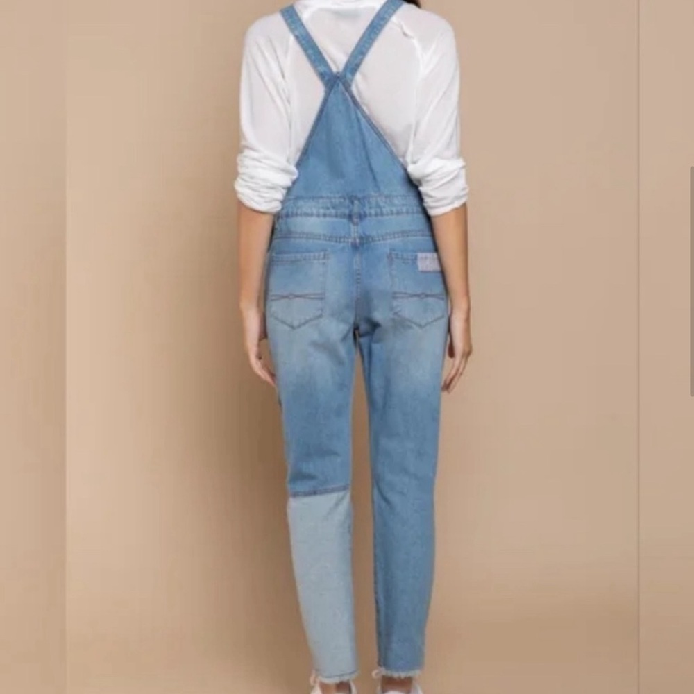 POL Slim Leg Denim Overalls With Patchwork Raw Hem 100% Cotton Size MEDIUM NEW - Picture 5 of 14